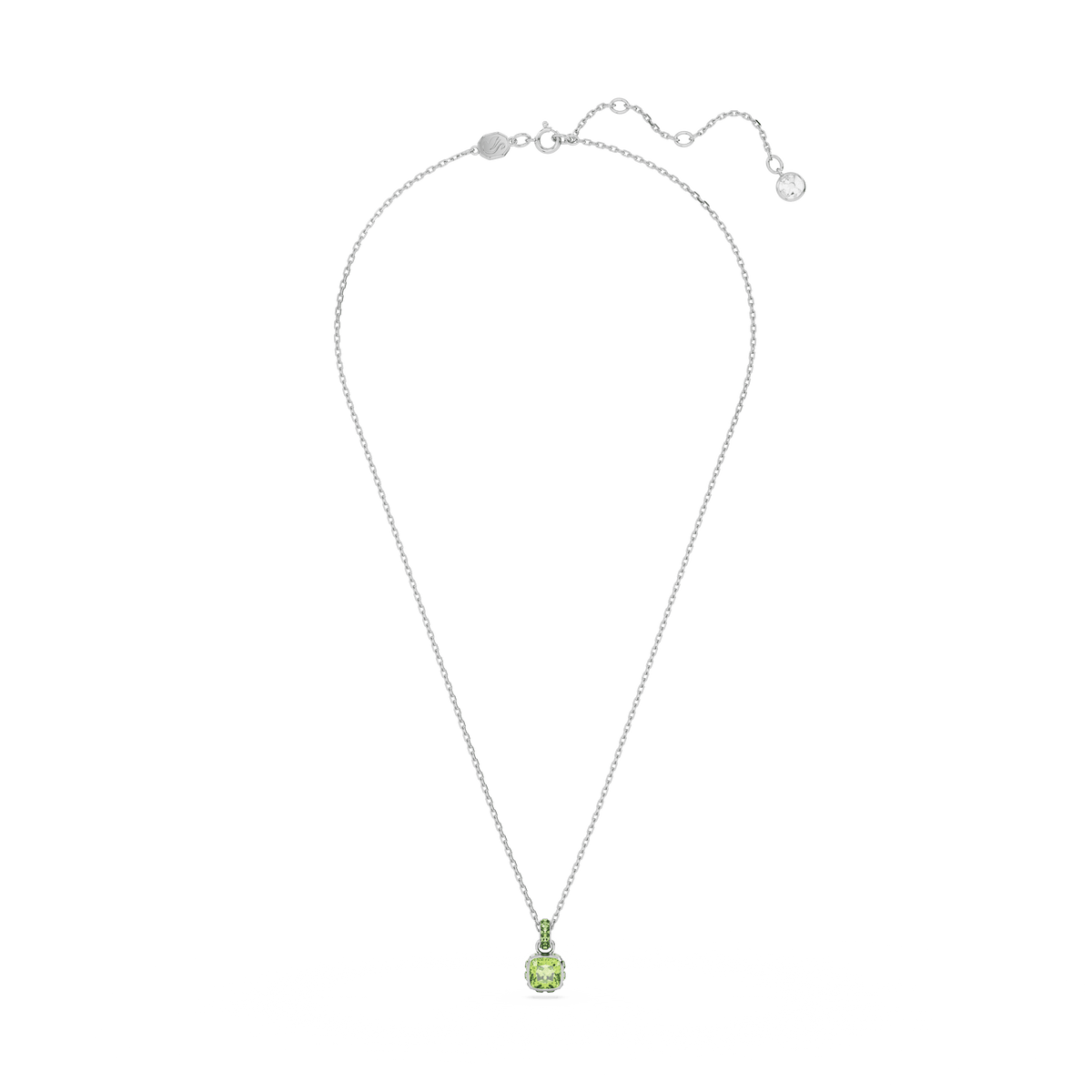 Introducing the Swarovski Birthstone Pendant: a sleek, rhodium-plated silver necklace featuring an adjustable clasp and a small, square-cut August Green Swarovski crystal set in a minimalist metal frame.