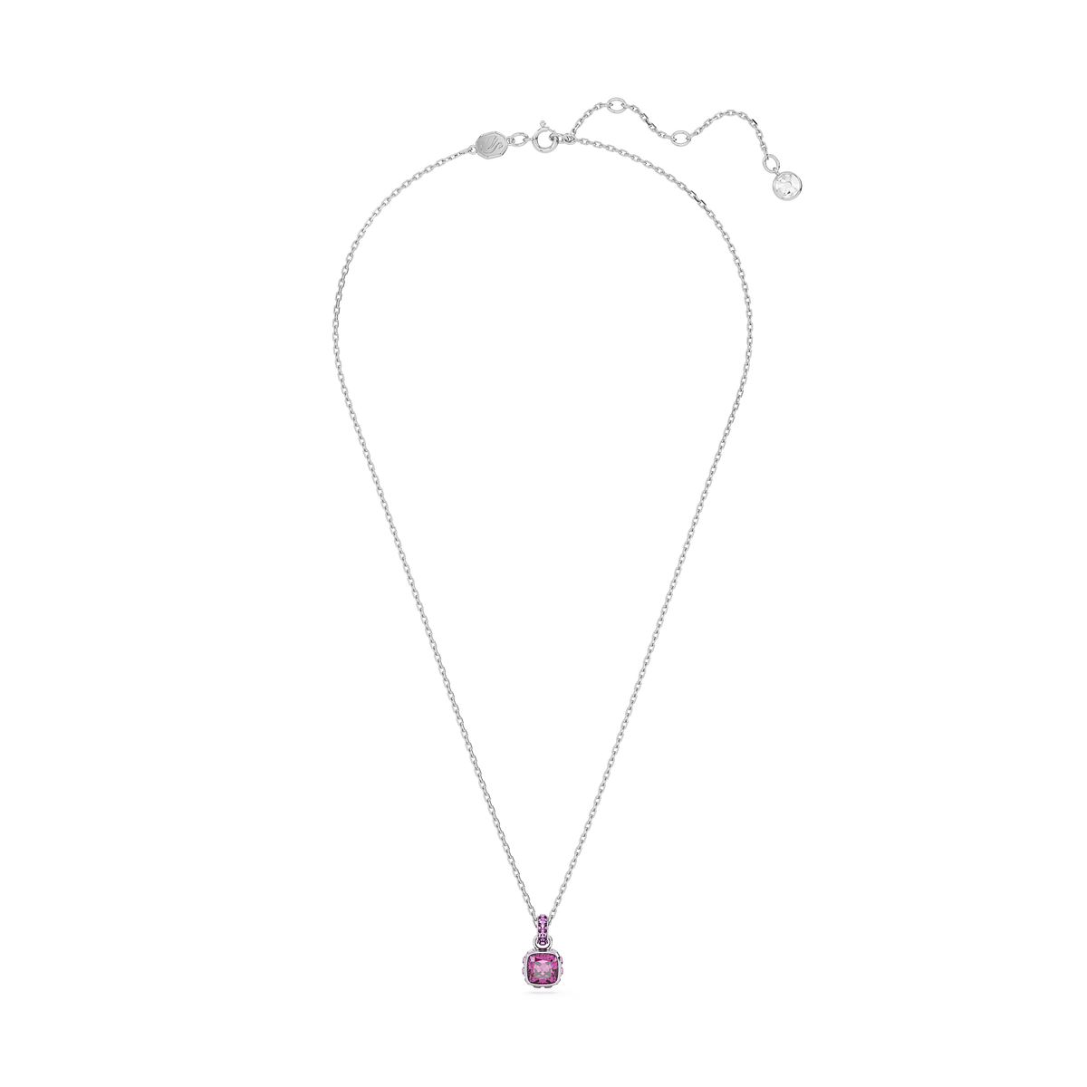 A refined rhodium plated necklace by Swarovski, featuring a square cut purple February birthstone pendant, set in a sleek silver-toned frame, displayed against a plain white background.