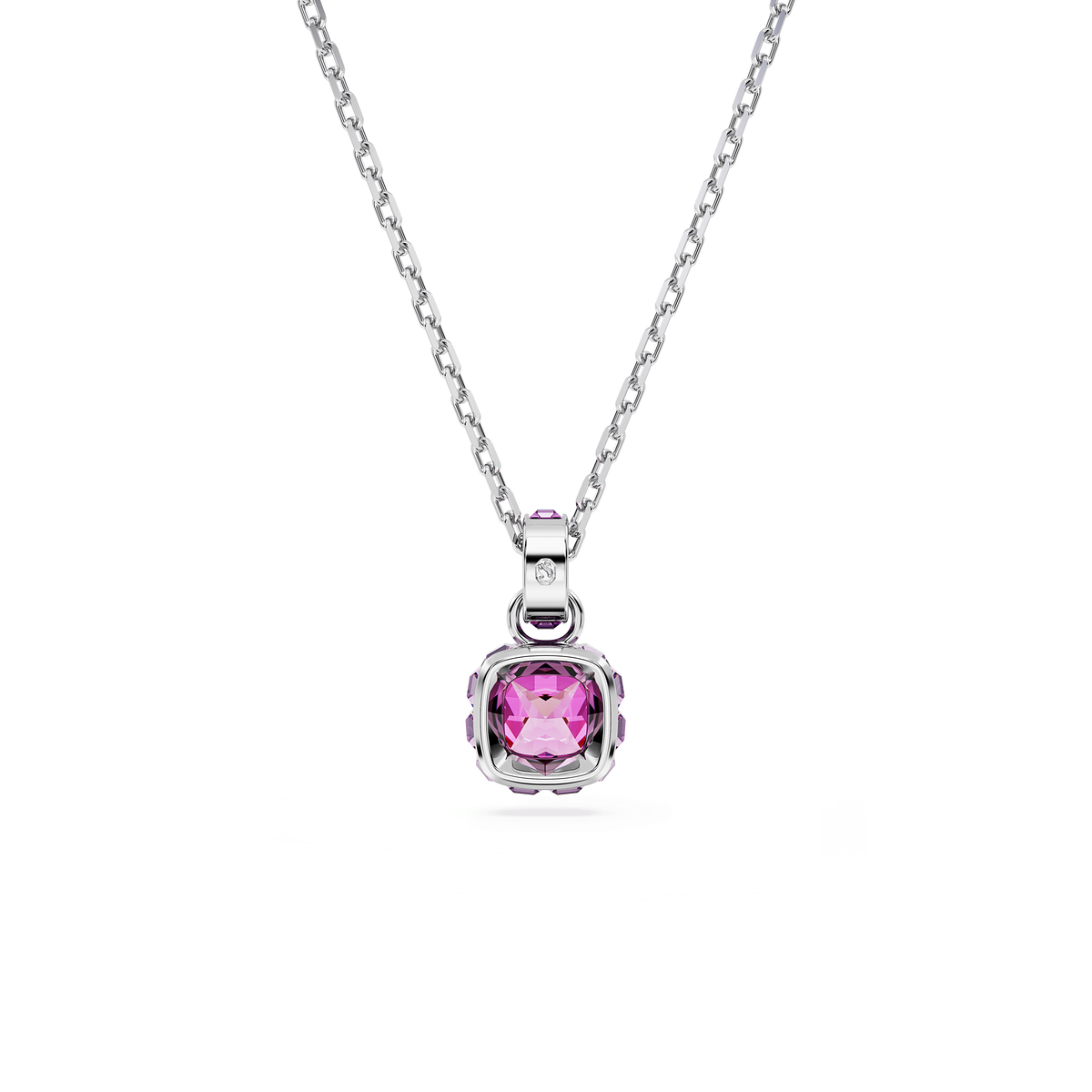 Presenting the Swarovski Birthstone pendant, Square cut for February in a rich purple hue, crafted with rhodium plating and showcased against a plain white background—this elegant necklace by Swarovski features a cushion-cut gemstone inspired by the grace of February’s birthstone.