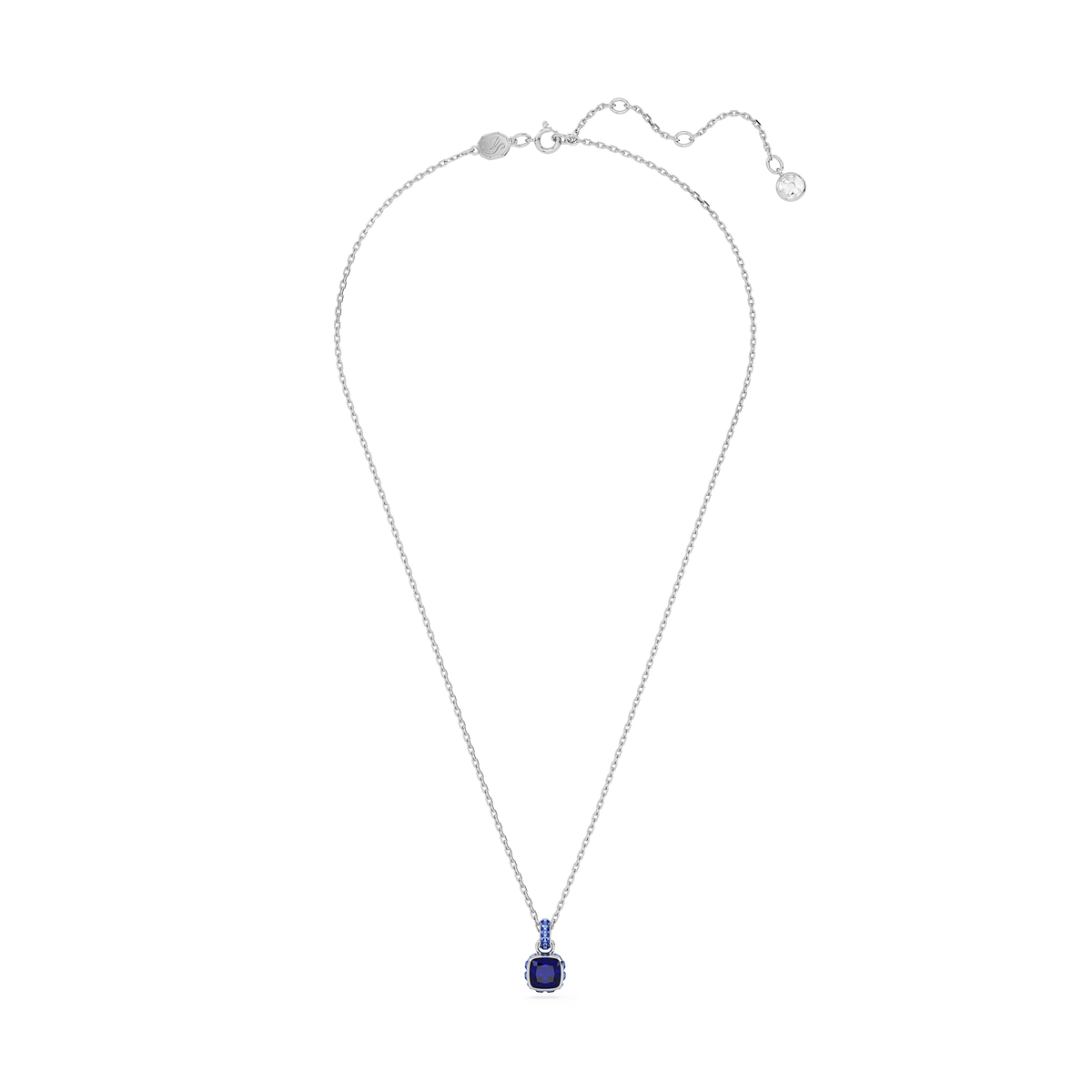 A delicate rhodium-plated necklace from Swarovski features a square-cut blue Swarovski Birthstone pendant for September, set in a minimalist frame on a fine chain. Photographed on a plain white background, this elegant piece is available at Raffi Jewellers.