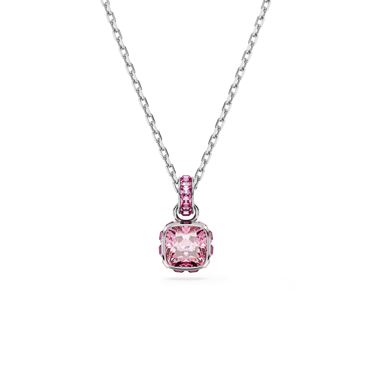 A Swarovski Birthstone pendant featuring a square-cut pink stone for October, set in a pink-accented rhodium plated frame and displayed on a silver chain against a white background—an elegant piece from the Swarovski collection, Style Number.