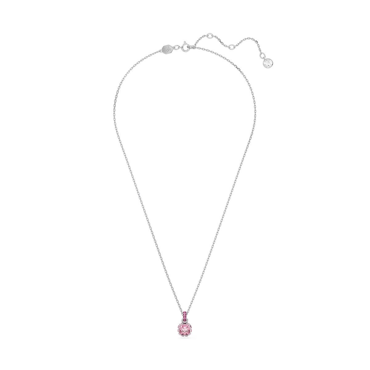 A Swarovski Birthstone pendant with a square-cut pink stone for October, crafted in rhodium-plated silver, shown on a plain white background.