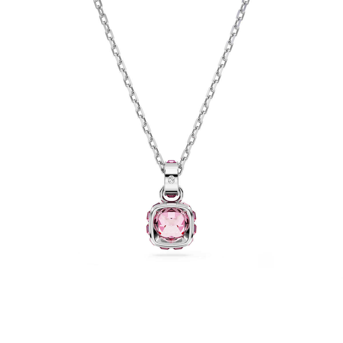 A Swarovski Birthstone pendant, featuring a square-cut pink stone for October and set in rhodium plating, is showcased on a plain white background.