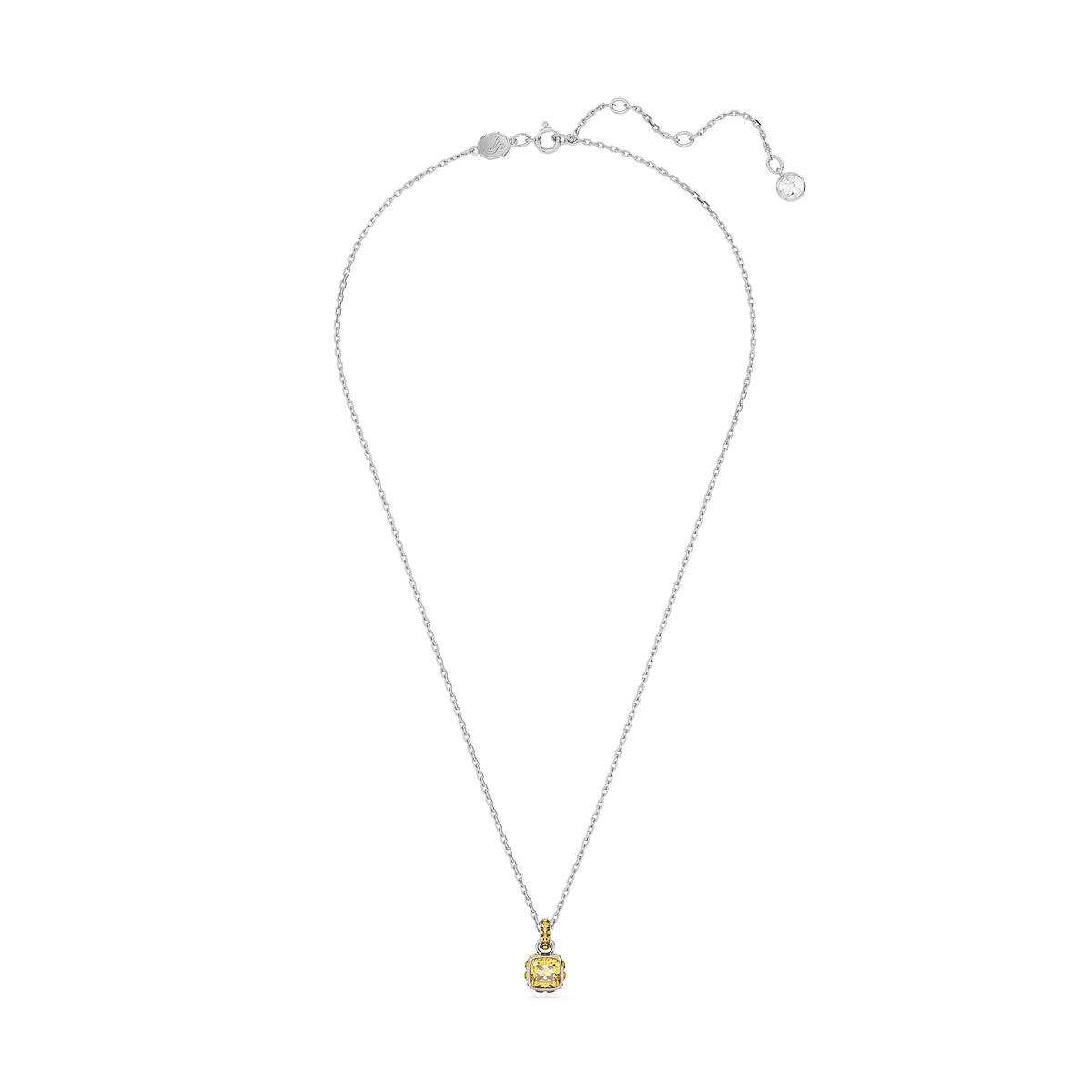 An elegant rhodium-plated chain necklace features a square-cut yellow Swarovski Birthstone pendant for November—this sophisticated design from Swarovski captures attention with its vibrant center, set against a plain white background.