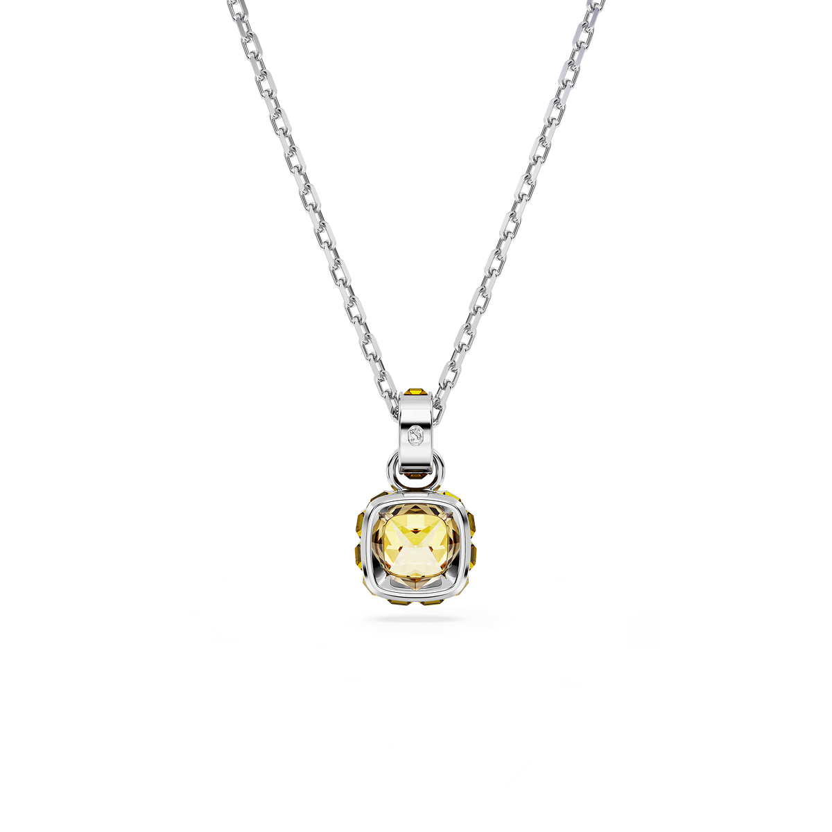 Showcased on a plain white background, the Swarovski Birthstone pendant features a square-cut yellow gemstone for November set in a rhodium-plated silver and gold frame, elegantly hanging from a silver chain—an exquisite creation by Swarovski.