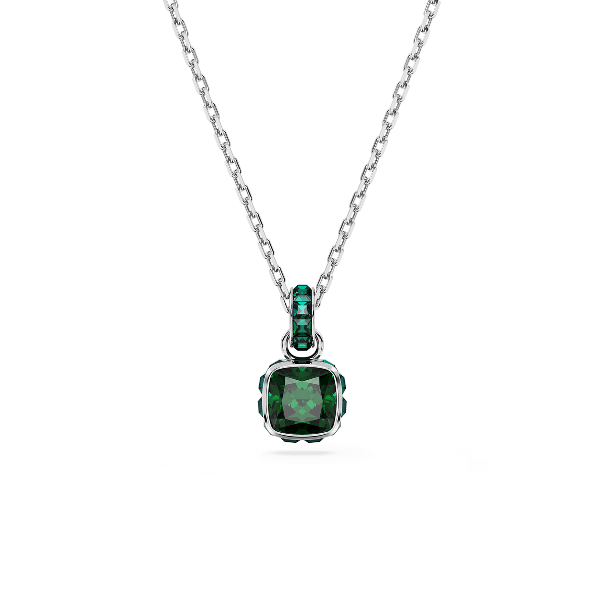 A Swarovski Birthstone Pendant, featuring a square-cut green stone for May and accented with smaller green stones on the rhodium-plated bail, is beautifully showcased against a plain white background—an exquisite piece from Swarovski available at Raffi Jewellers.