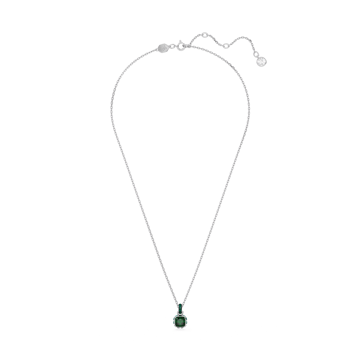 A rhodium-plated Swarovski Birthstone pendant with a green, square-cut stone for May hangs from a delicate silver chain, showcased against a plain white background. Experience timeless elegance with Swarovski’s Signature Collection.