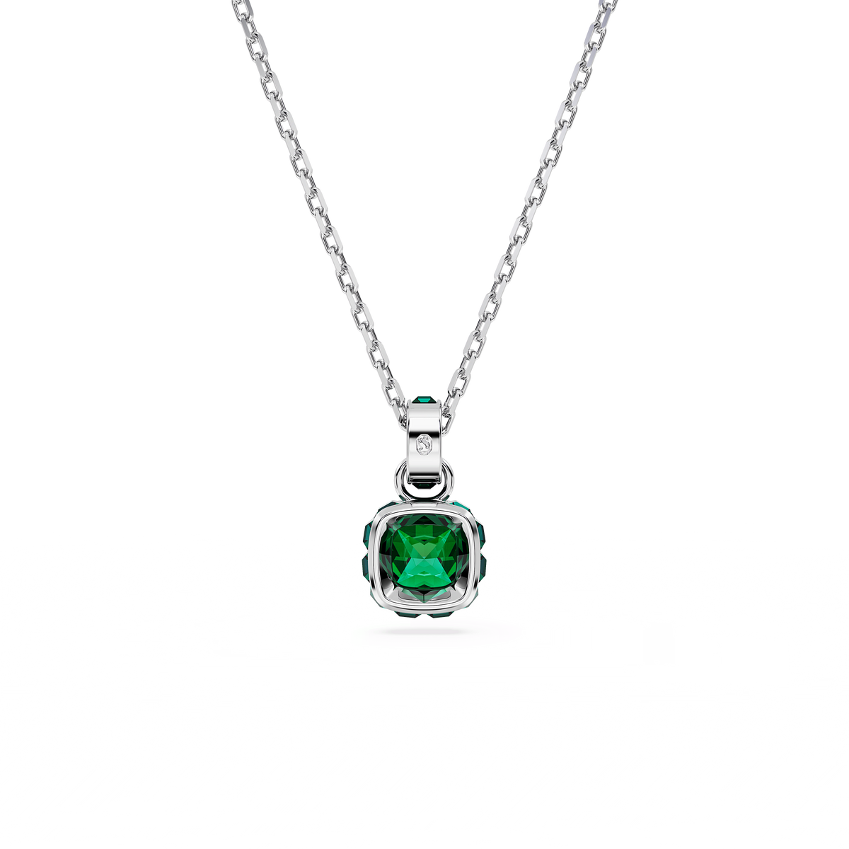 A Swarovski Birthstone pendant in a square cut for May, featuring a green stone and rhodium plated setting, showcased on a silver chain against a white background.
