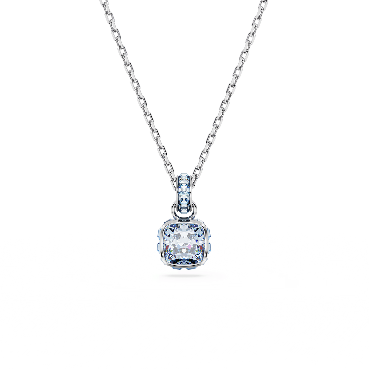 A Swarovski Birthstone pendant featuring a square-cut, blue stone for March, set on a delicate rhodium plated chain, is showcased in a simple and elegant setting against a white background.