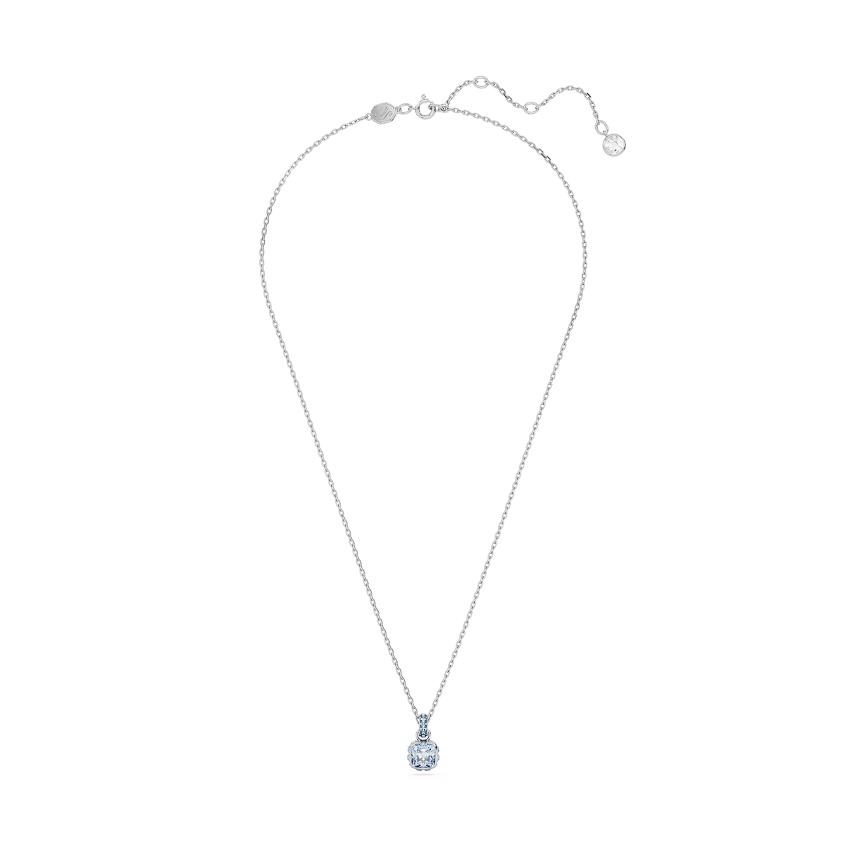 A dazzling Swarovski Birthstone pendant necklace, featuring a square-cut blue March stone at the center, rhodium plated for extra brilliance, is displayed on a plain white background.