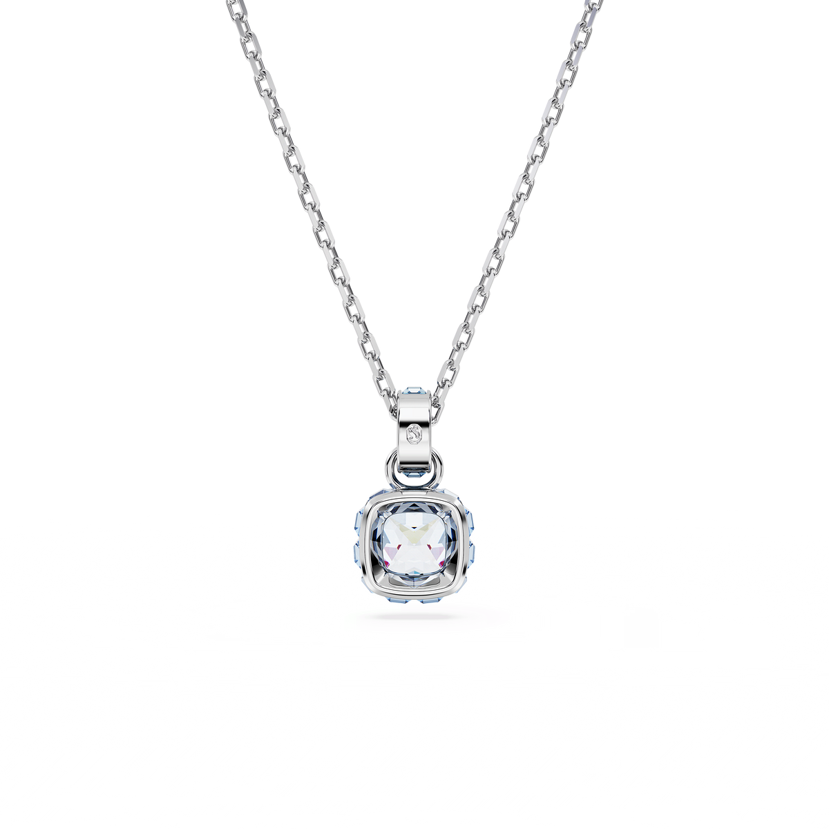 Swarovski Birthstone pendant in a square-cut blue gemstone for March, elegantly set in rhodium plating—a refined piece from Swarovski Canada, shown on a silver chain against a white background.