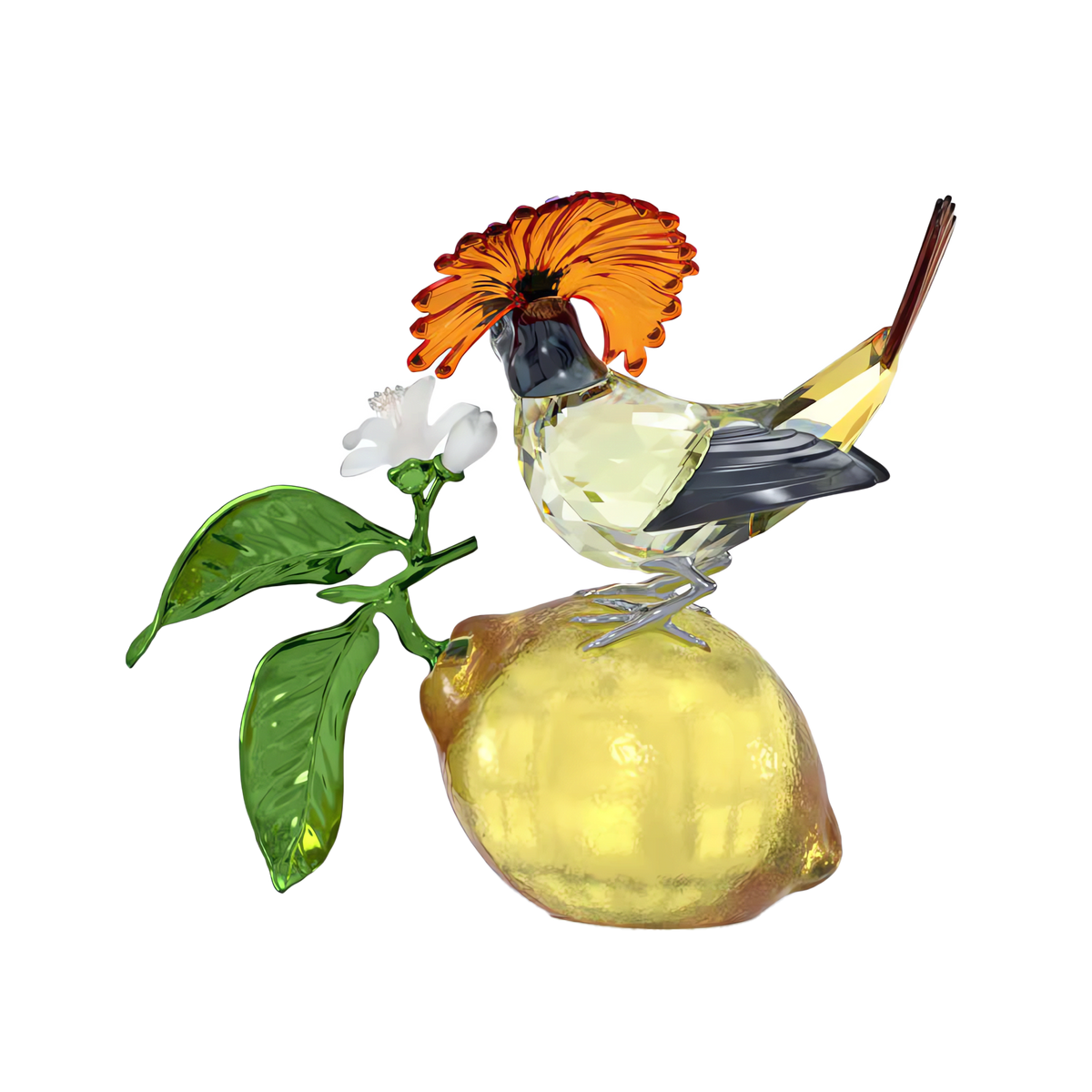 The Swarovski Idyllia Royal Flycatcher is a detailed and colorful crystal figurine featuring a bird inspired by the Royal Flycatcher, with an orange crest, perched on a yellow lemon adorned with green leaves and a white flower. This exquisite artwork sparkles brilliantly with the renowned craftsmanship of Swarovski crystals.