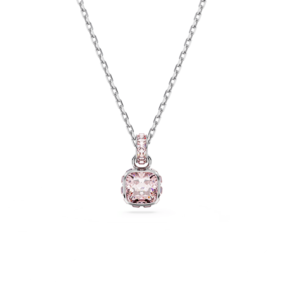 A Swarovski Birthstone pendant featuring a square-cut pink stone for June, set in a rhodium-plated frame, is displayed on a plain white background.