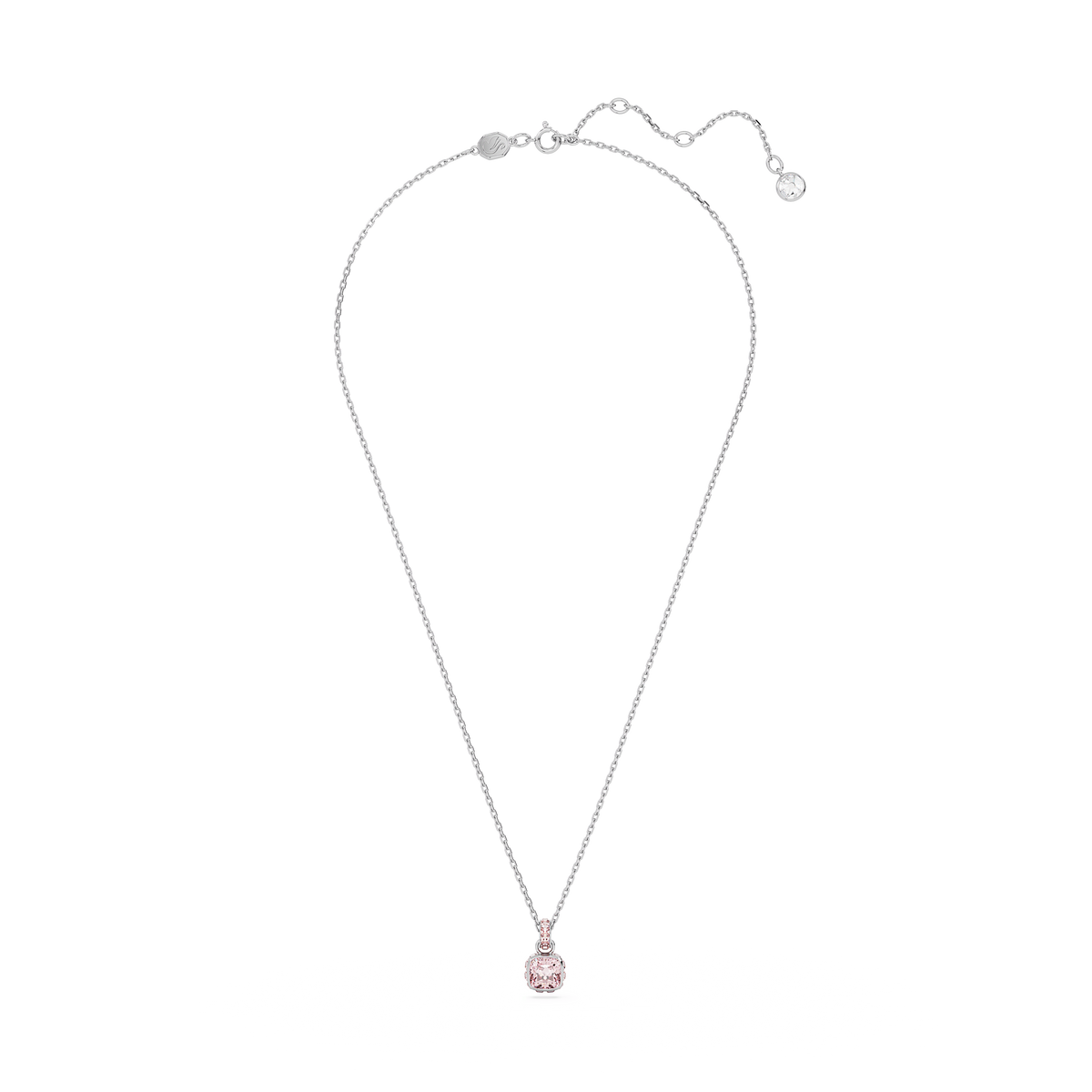 A rhodium-plated Swarovski Birthstone pendant featuring a square-cut pink gemstone for June, displayed on a thin silver chain with an adjustable clasp; the pendant’s simple, elegant setting is photographed against a plain white background.