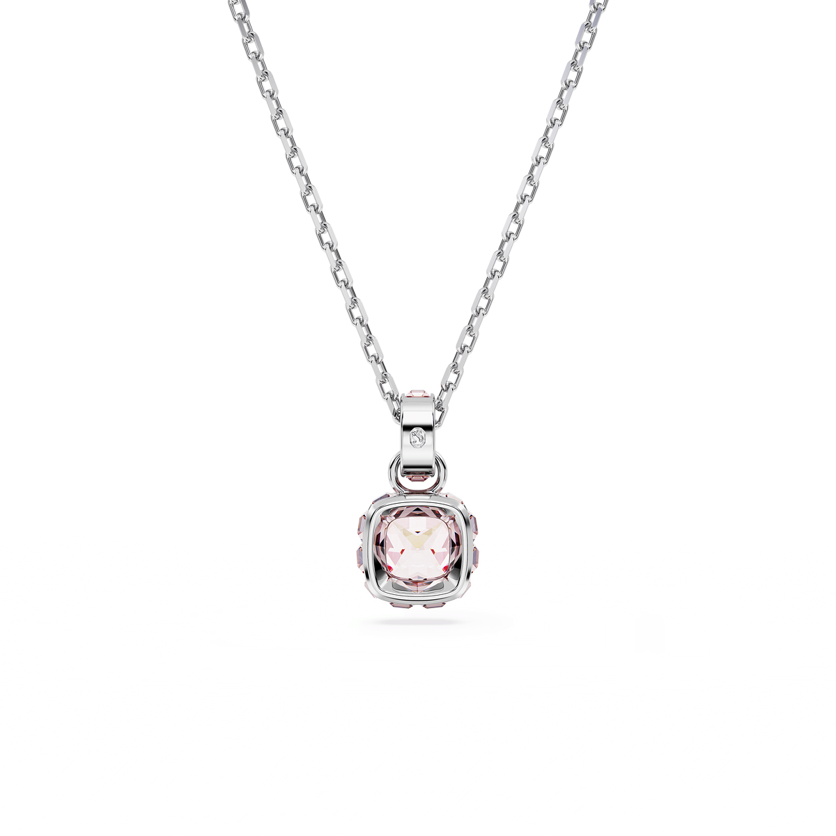 Swarovski Birthstone pendant, Square cut for June in pink, rhodium plated (Style Number), features a silver chain necklace with a square-shaped pendant showcasing a central light pink gemstone set in a decorative frame, elegantly displayed on a plain white background.