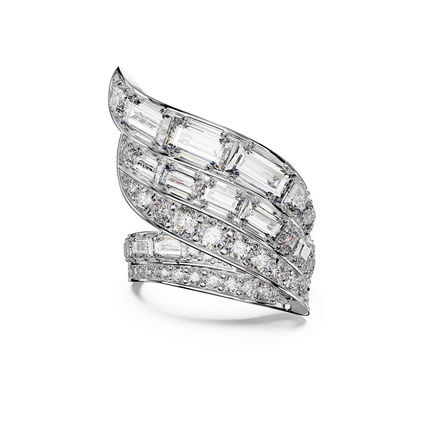 Introducing the Swarovski Hyperbola Cocktail Ring by Swarovski – a statement piece crafted from recycled metal. This luxurious silver ring showcases a swirling design with rows of dazzling rectangular and round-cut Swarovski Zirconia, creating an impression of intertwining layers for a sense of movement and sophistication.
