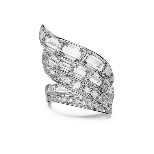 Introducing the Swarovski Hyperbola Cocktail Ring by Swarovski – a statement piece crafted from recycled metal. This luxurious silver ring showcases a swirling design with rows of dazzling rectangular and round-cut Swarovski Zirconia, creating an impression of intertwining layers for a sense of movement and sophistication.