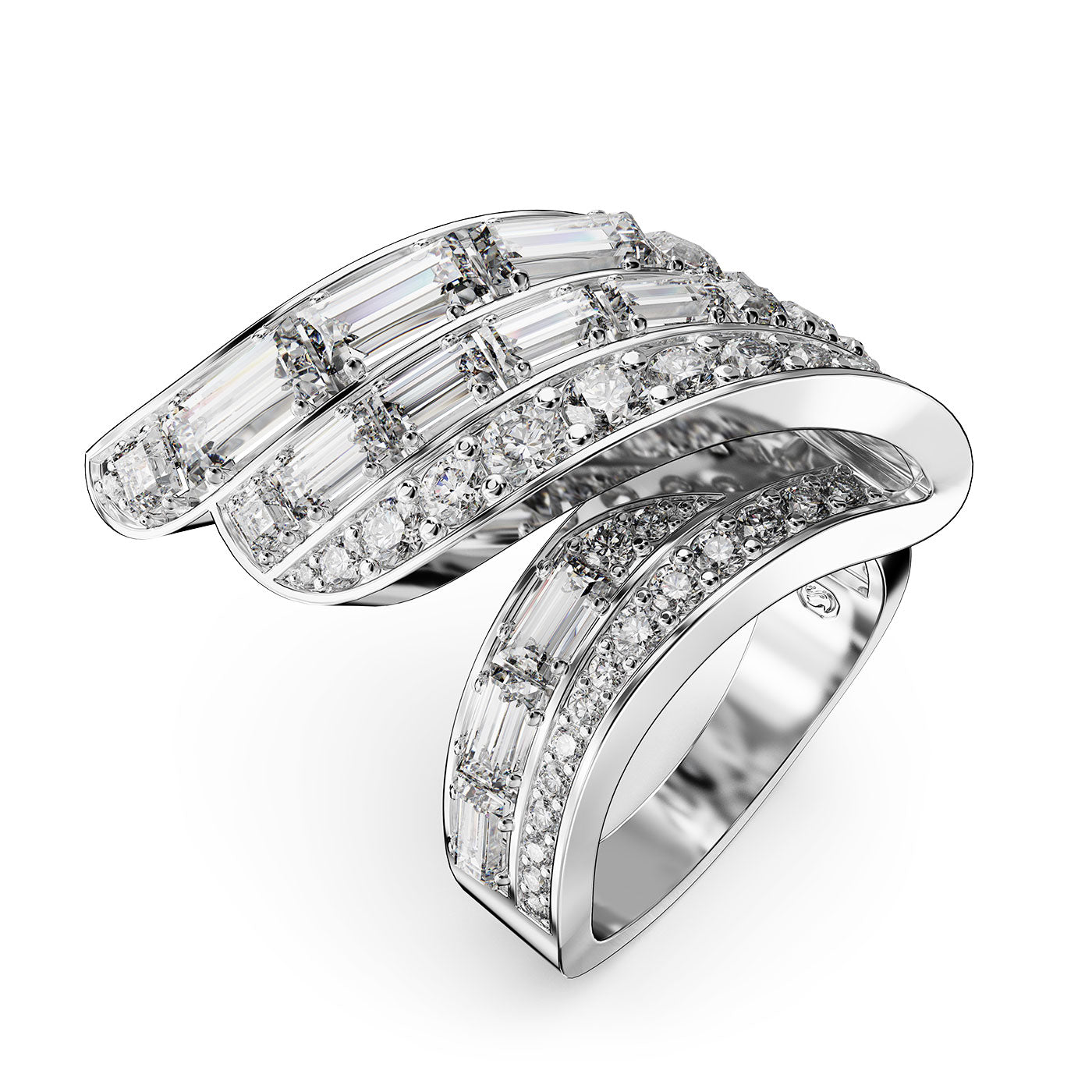 Introducing the Swarovski Hyperbola Cocktail Ring by Swarovski: a sophisticated piece crafted with a sleek, overlapping design made from recycled metal. This elegant silver ring is adorned with rows of brilliant, sparkling diamonds and baguette-cut stones, offering a modern aesthetic perfect for making a statement.
