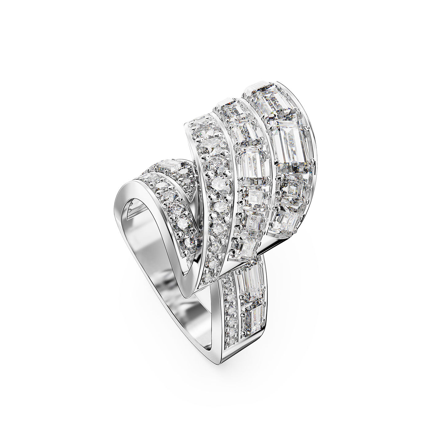 Introducing the Swarovski Hyperbola Cocktail Ring, a luxurious multi-tiered silver accessory crafted from recycled metal. Adorned with assorted diamonds and Swarovski Zirconia, this exquisite ring features both round and baguette cuts, creating a sparkling and elegant design that serves as an eye-catching statement piece.