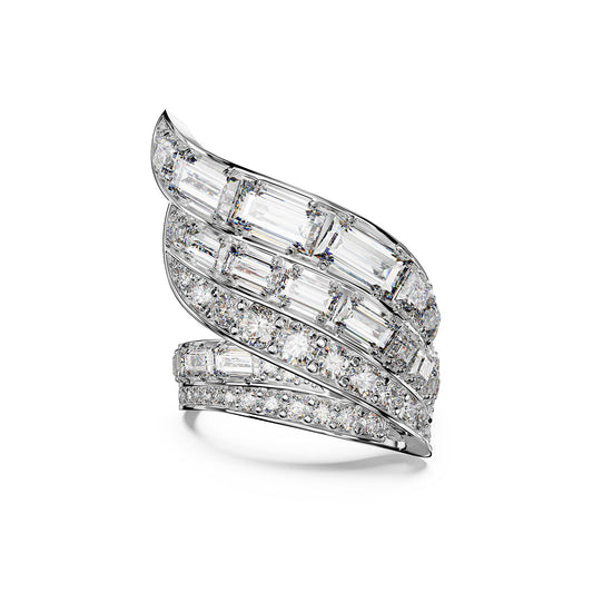 The Swarovski Hyperbola Cocktail Ring is an exquisite piece by Swarovski, featuring a complex design with layered diamond-studded bands that form a leaf-like shape. This ring beautifully combines baguette-cut and round Swarovski Zirconia set in bright, shiny metal.