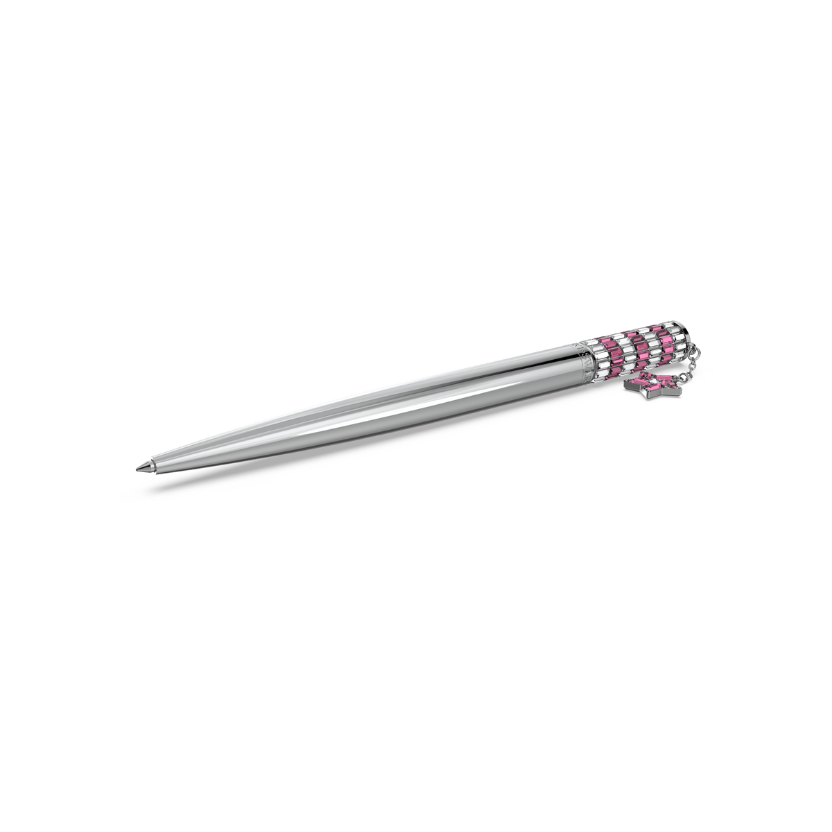 The Swarovski Celebration 2023 ballpoint pen Star, Pink, Chrome plated by Swarovski is a silver ballpoint pen with a sleek, shiny finish. Its decorative top is embellished with rows of pink and white gemstones, echoing the refined elegance characteristic of Swarovski pens. The pen is pictured slightly angled to the left against a plain white background.