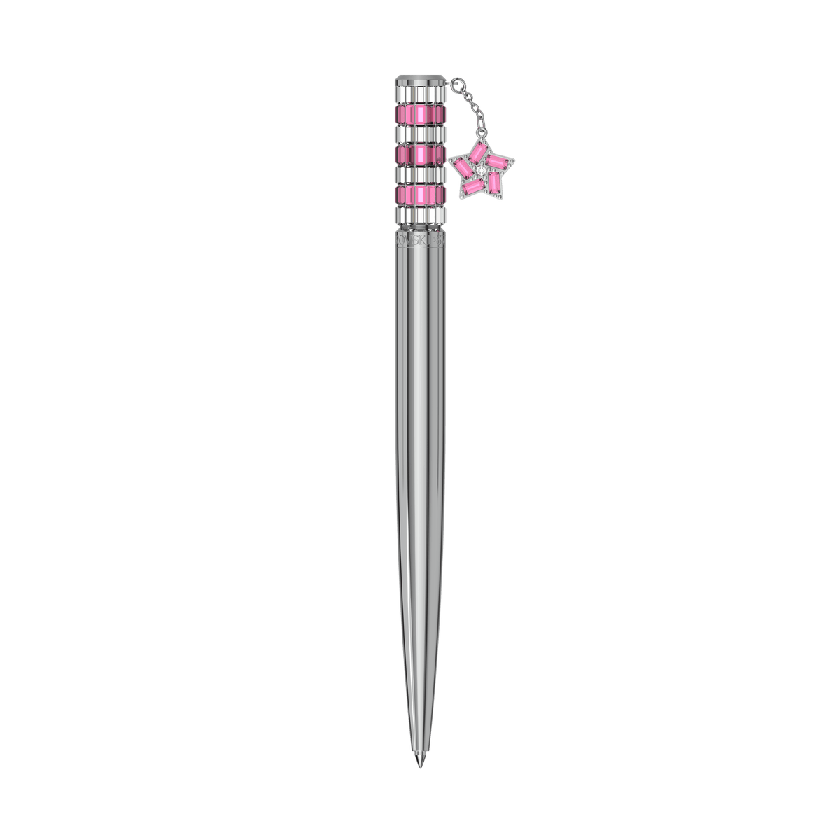 The Swarovski Celebration 2023 ballpoint pen Star, Pink, Chrome plated by Swarovski features pink rectangular accents near the top and a small pink star charm hanging from the cap, shown against a plain white background.