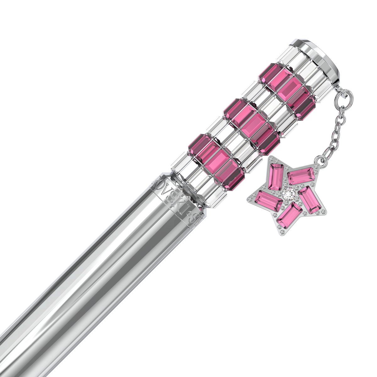 The Swarovski Celebration 2023 ballpoint pen Star, Pink, Chrome plated features a silver wand design adorned with pink rectangular gems on the handle and a star-shaped charm embellished with pink gems and sparkling crystals. Set against a white background, this elegant accessory embodies the refined artistry of Swarovski.