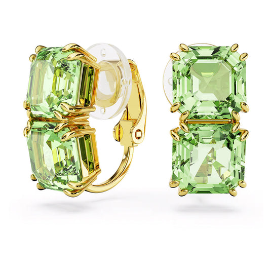 The Swarovski Millenia Clip Earrings, with a radiant gold-tone finish, feature square-cut green crystals stacked on each piece. Each gem is held securely in prong settings, while the clip-on backs ensure comfort. The lively green crystals contrast beautifully against the shimmering gold plating.