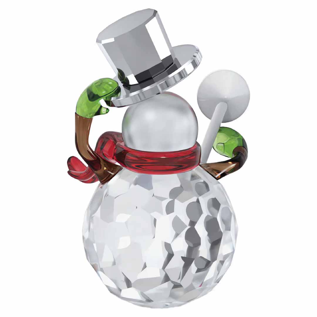 The Swarovski Holiday Cheers Dulcis Snowman Home Décor, crafted by Swarovski, is an exquisite festive figurine made from faceted clear crystal. It features a silver top hat, a red scarf, and green-gloved branches for arms while holding a round white object.