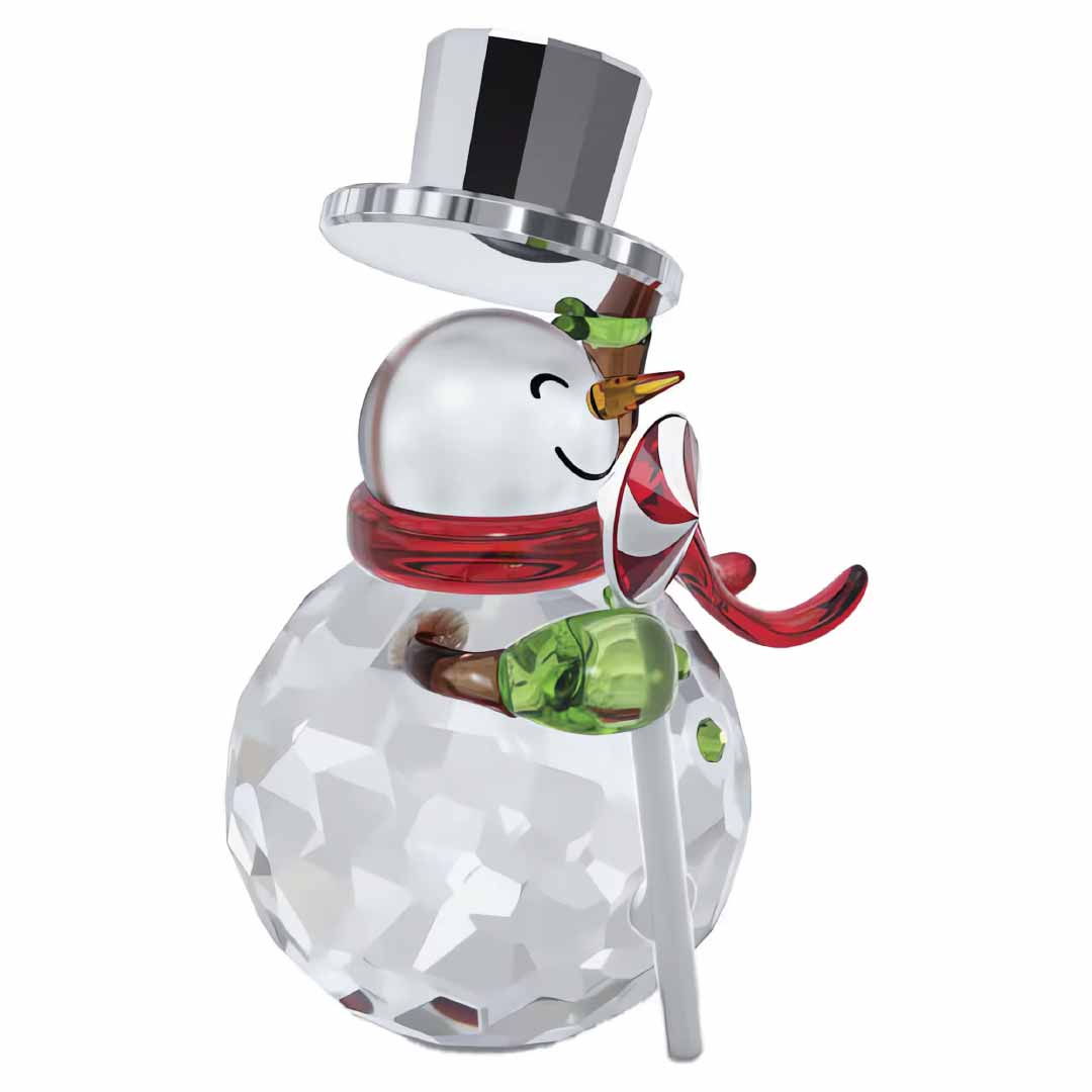 The Swarovski Holiday Cheers Dulcis Snowman Home Décor by Swarovski is an ideal festive season decoration. Its gleaming finish features a black top hat and red scarf, while it holds a green and red candy cane. The faceted body and head reflect light beautifully, giving it a clear, sparkling appearance.
