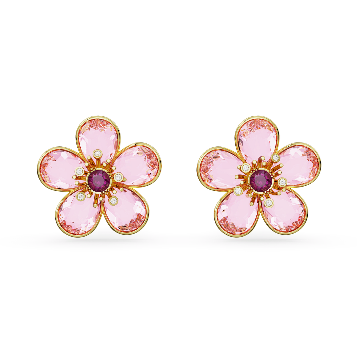 Swarovski Florere stud earrings feature a flower design with five pink Swarovski petals and a central red gemstone, all outlined in an 18k gold finish, displayed on a white background.