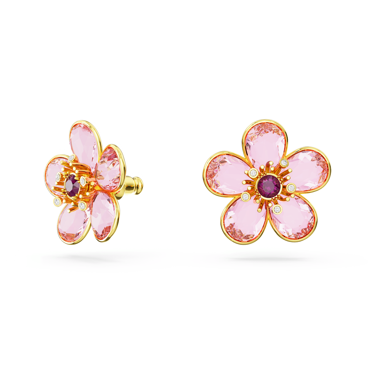 A pair of Swarovski Florere stud earrings featuring a flower design with five pink petals and a round red center stone in an 18k gold finish, shown on a white background.