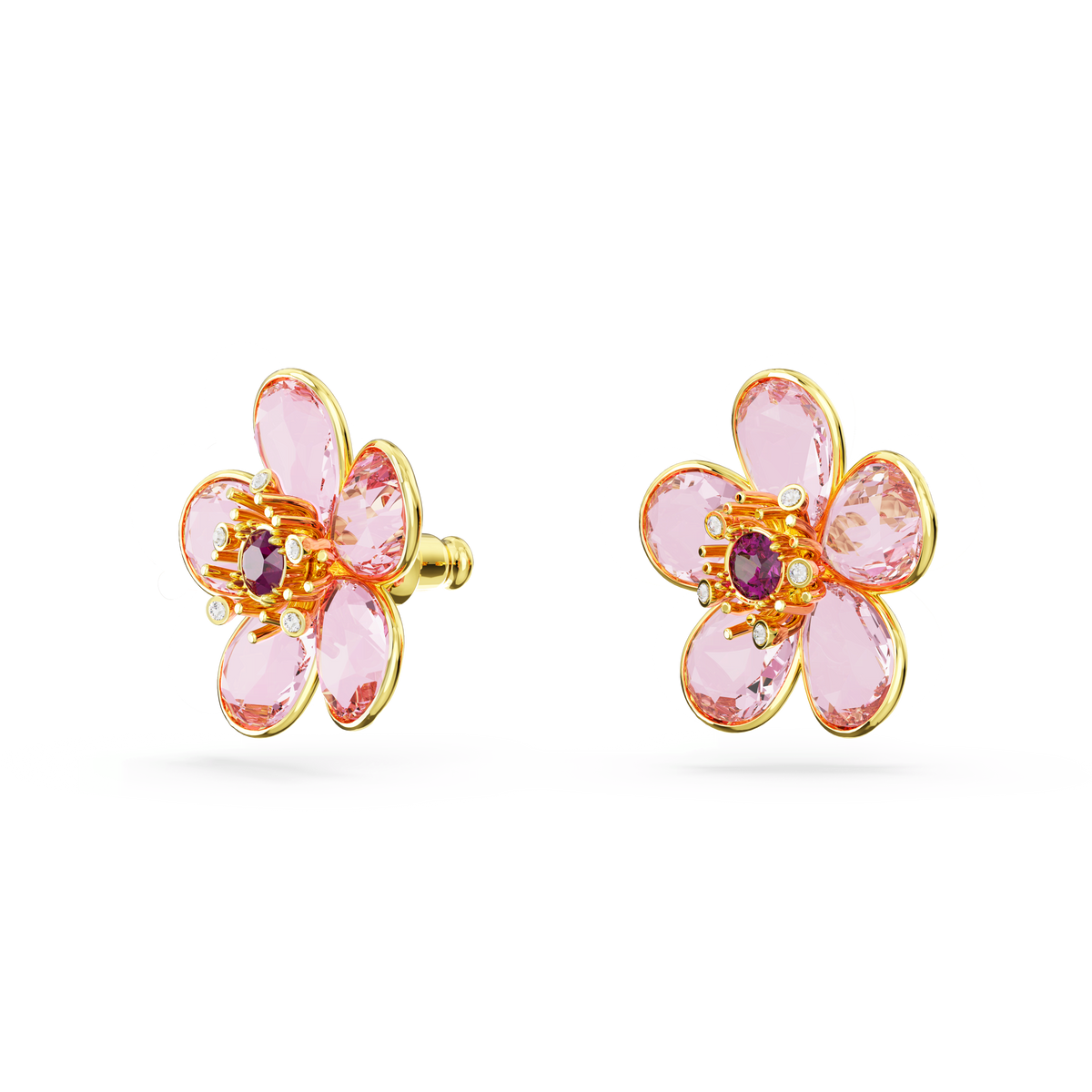 A pair of Swarovski Florere stud earrings featuring a flower design with five pink petals and a small red gemstone center, crafted with an 18k gold finish and displayed on a white background.