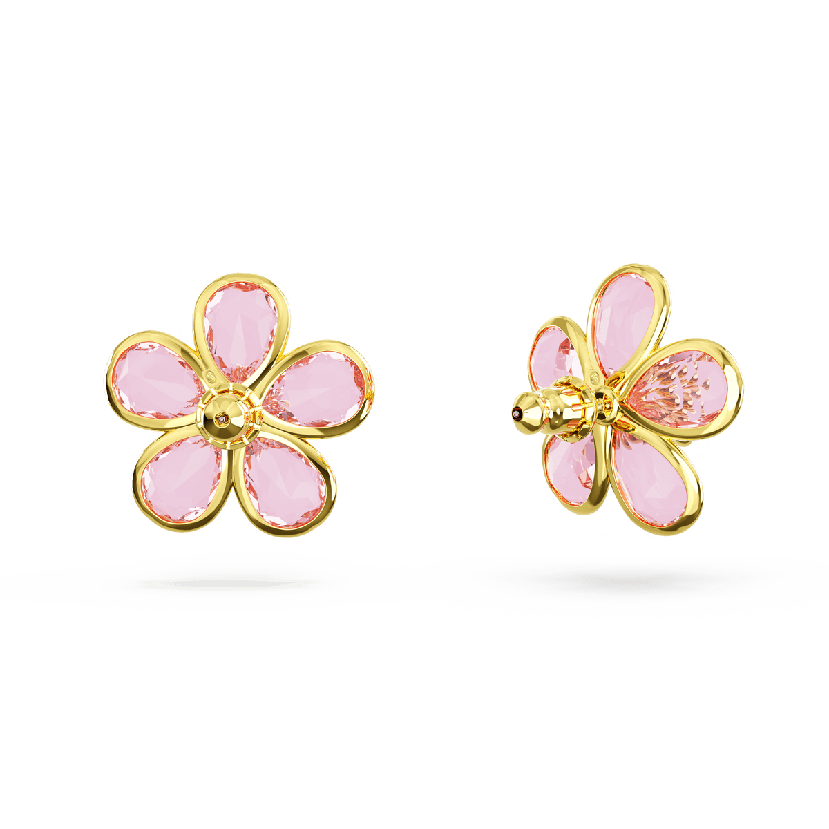 Swarovski Florere stud earrings feature a flower-shaped design with five pink gemstone petals outlined in an 18k gold finish, shown from the front and back against a white background—these elegant Swarovski earrings make a striking statement with their classic floral motif.