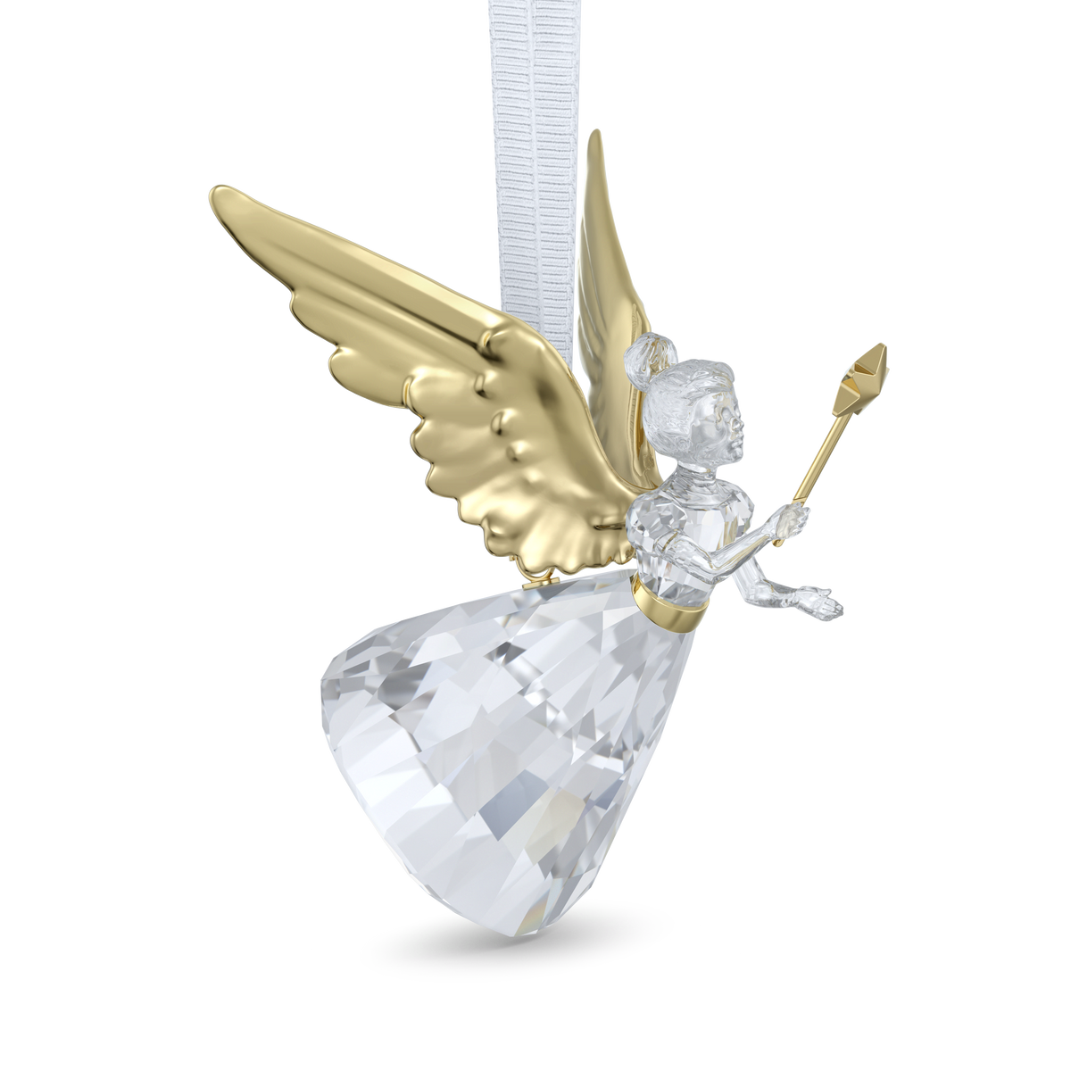 The Swarovski Holiday Magic Angel Ornament by Swarovski features gold wings and a matching gold wand, with a clear faceted skirt that highlights its elegant crystallized design. Suspended from a white ribbon against a simple white background, it’s perfect for adding sparkle to your holiday décor.