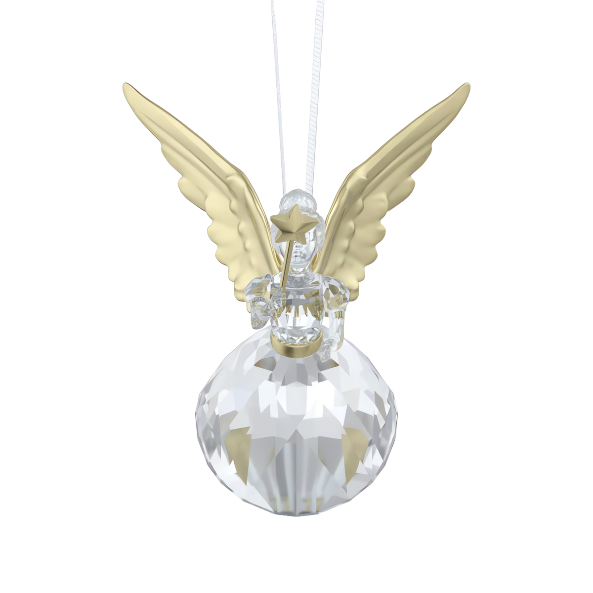 Introducing the Swarovski Holiday Magic Angel Ornament: this exquisite crystal angel features gold wings and a gold star wand, showcasing Swarovski’s signature sparkling design. Suspended by a clear string against a white background, it’s the perfect accent to elevate your holiday décor.