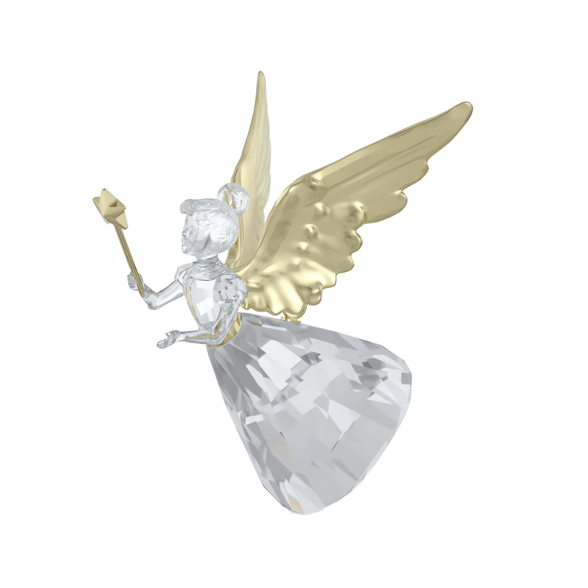 The Swarovski Holiday Magic Angel Ornament by Swarovski features a crystal angel with a gold wand and gold wings, dressed in a clear, faceted gown. The intricate crystallized design lends the ornament a delicate and elegant appearance, making it a beautiful addition to your holiday décor. Shown against a plain white background.