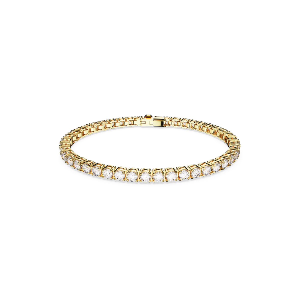 The Swarovski Matrix Tennis bracelet, featuring round-cut white stones and an elegant 18K gold finish, showcases a sparkling row of closely set crystals with a secure clasp—an exquisite jewelry gift from Swarovski, beautifully displayed against a plain white background.