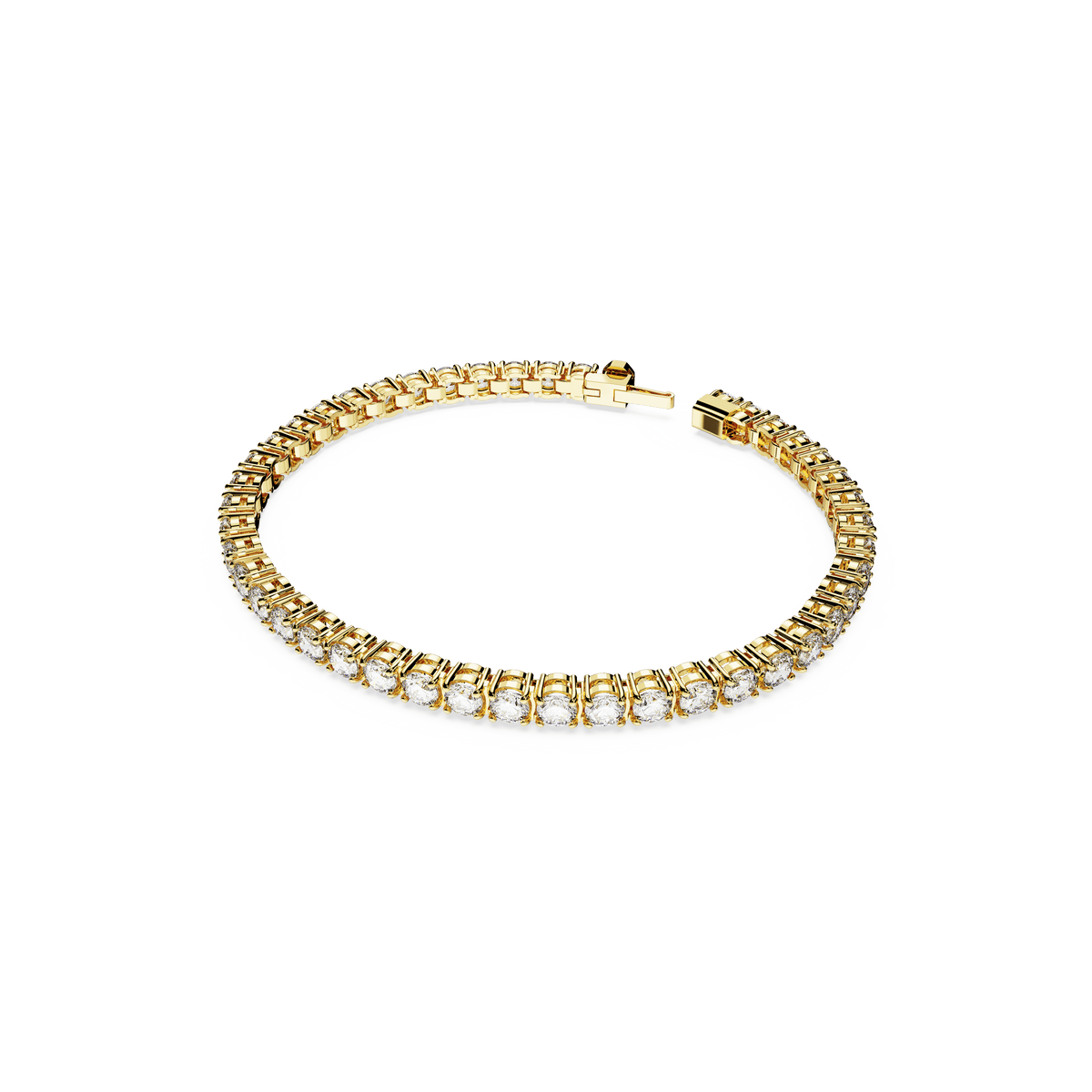 A dazzling Swarovski Matrix Tennis bracelet, crafted with a radiant 18K gold finish and adorned with round-cut white stones in a double row, is elegantly showcased in a circular arrangement on a white background—the perfect jewelry gift for any occasion.