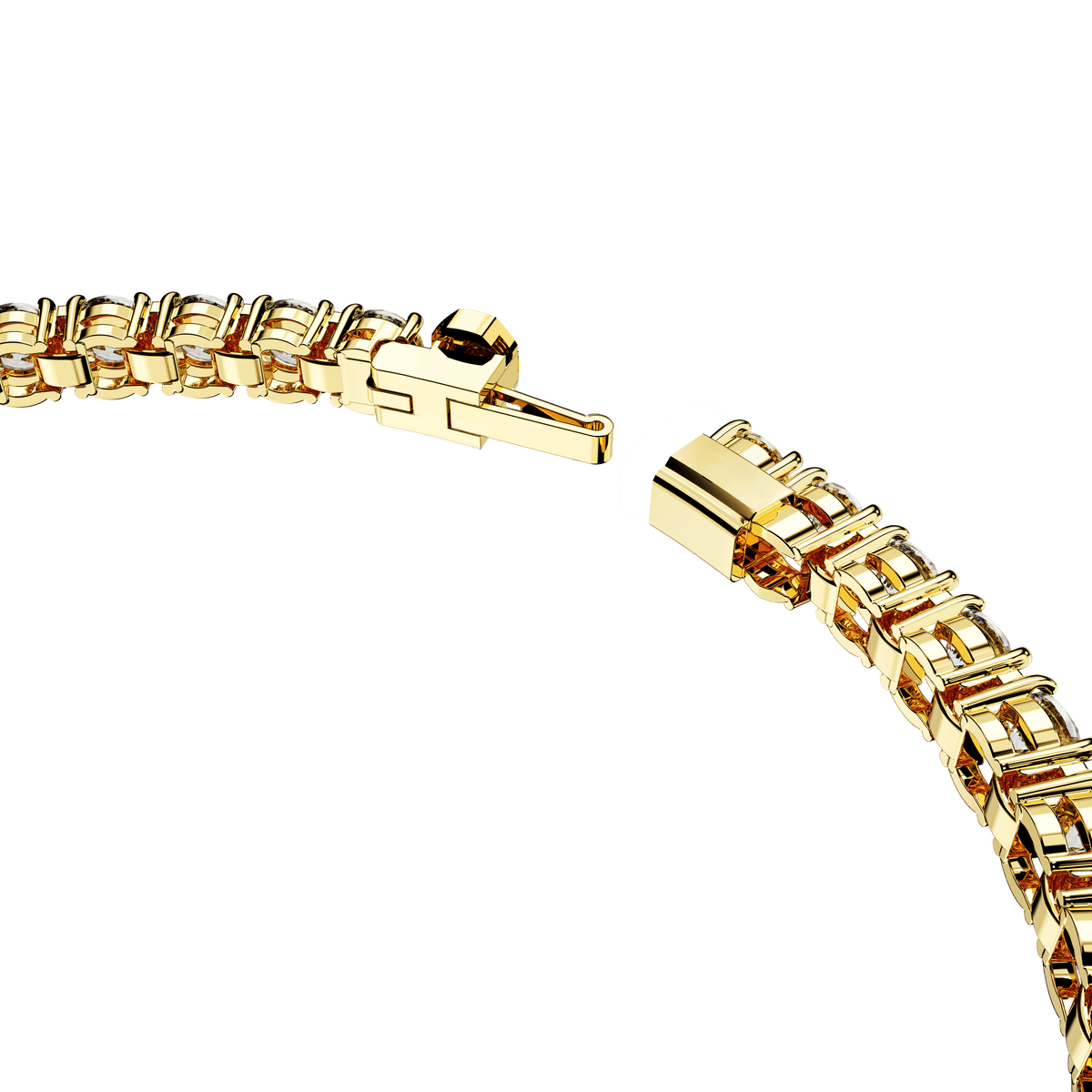 A close-up of the Swarovski Matrix Tennis bracelet, featuring round-cut white stones and an 18K gold finish with a box clasp slightly open, set against a plain white background.