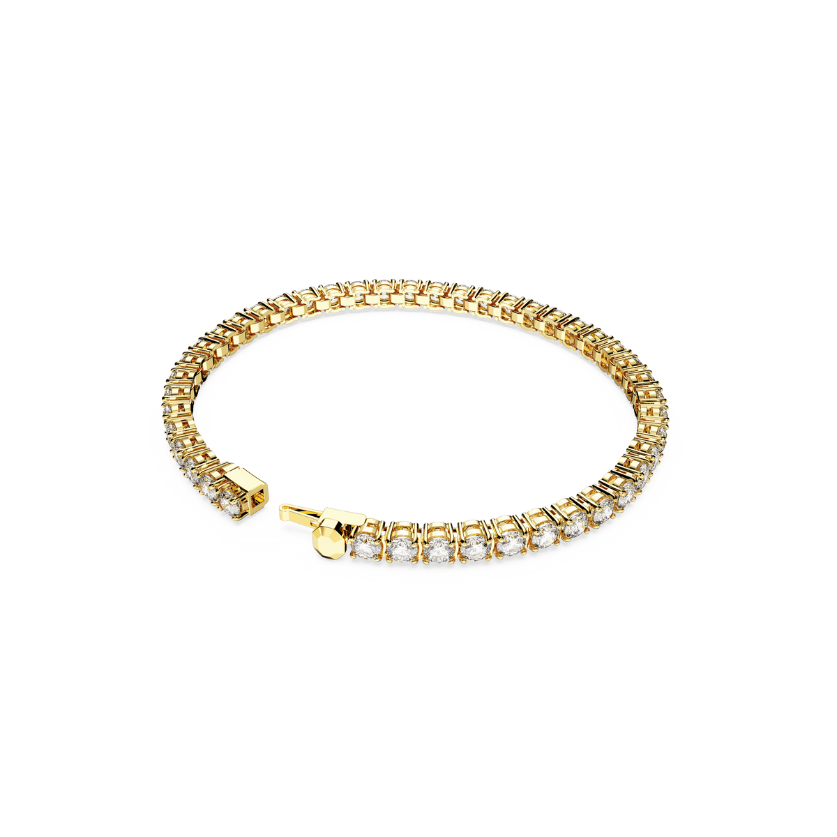 The Swarovski Matrix Tennis bracelet, featuring round-cut white stones set in an 18K gold finish, is elegantly displayed in a circular shape on a white background—a sophisticated jewelry gift for any occasion.