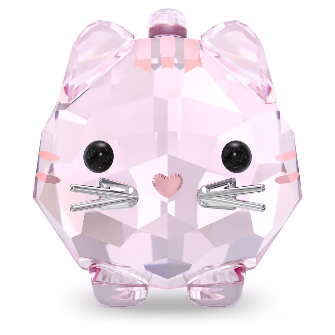 The Swarovski Chubby Pink Cat Home Décor piece showcases faceted surfaces and shiny metal whiskers, capturing the essence of the Chubby Cats collection. With its large black eyes, a small pink heart-shaped nose, and triangular ears, this item offers an adorable and collectible charm.