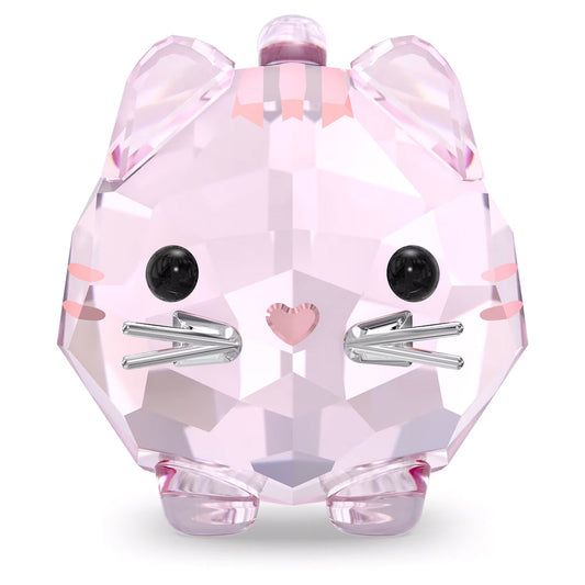 The Swarovski Chubby Pink Cat Home Décor piece showcases faceted surfaces and shiny metal whiskers, capturing the essence of the Chubby Cats collection. With its large black eyes, a small pink heart-shaped nose, and triangular ears, this item offers an adorable and collectible charm.