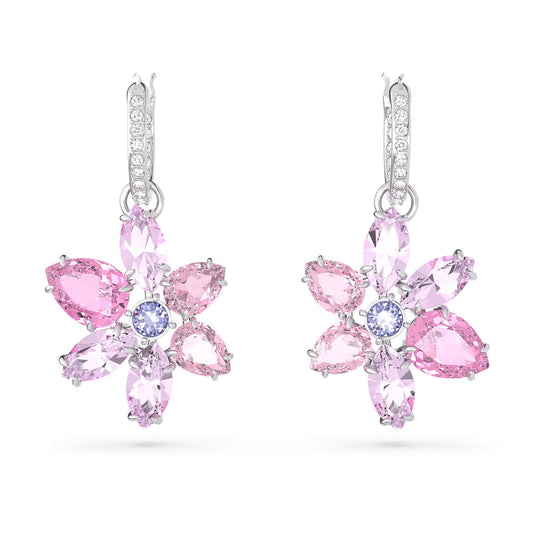 Introducing the Swarovski Gema Drop Earrings by Swarovski, a stunning pair featuring an elegant floral design with a blend of light pink, dark pink, and lavender gemstone petals. Each earring is beautifully adorned with a rhodium-plated silver hook encrusted with delicate clear stones.