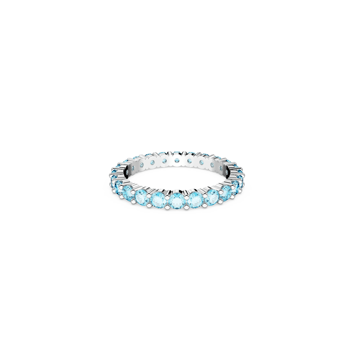 The Swarovski Matrix ring by Swarovski features round, blue stones encircling the entire rhodium plated band, beautifully displayed on a plain white background.