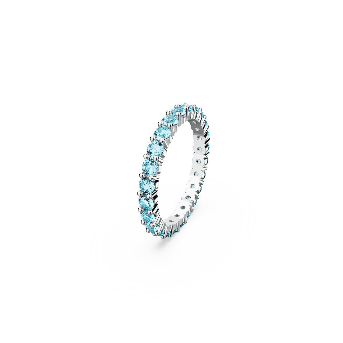 A Swarovski Matrix ring, featuring round blue stones in a continuous eternity design and finished with rhodium plating, displayed on a white background.