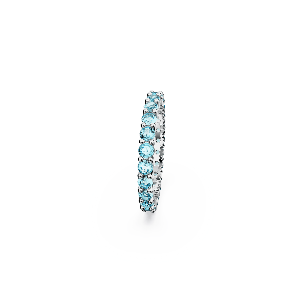 A Swarovski Matrix ring, featuring round-cut blue stones set in a rhodium-plated prong setting, displayed on a plain white background.