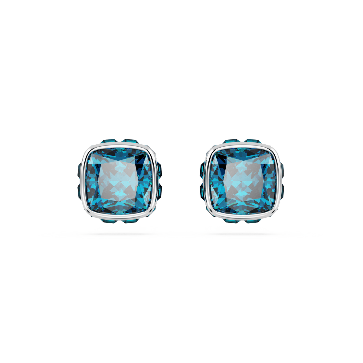 A pair of Swarovski Birthstone stud earrings, featuring a square cut December blue stone set in rhodium plating, displayed on a plain white background.