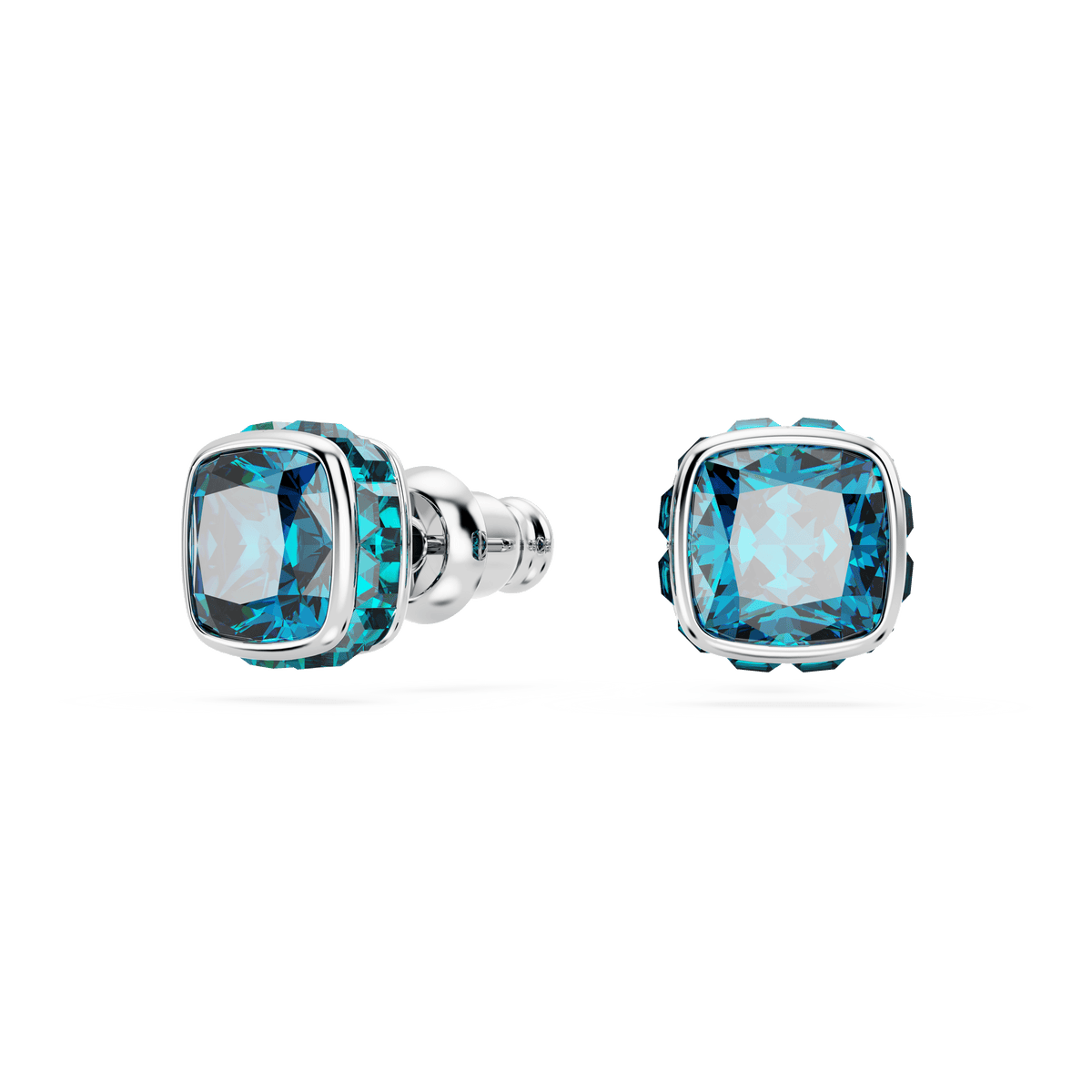 A pair of Swarovski Birthstone stud earrings featuring square-cut blue stones for December, set in polished rhodium-plated metal, displayed on a white background.