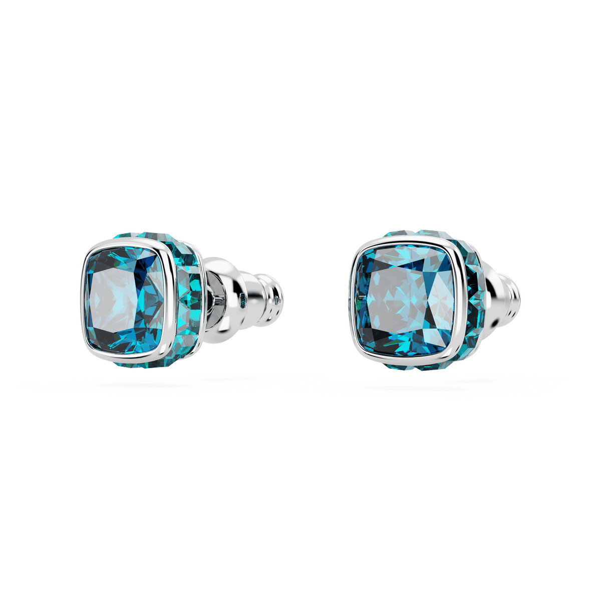 A pair of Swarovski Birthstone stud earrings, featuring square-cut blue gemstones for December and set in a rhodium-plated silver frame, are displayed on a plain white background.